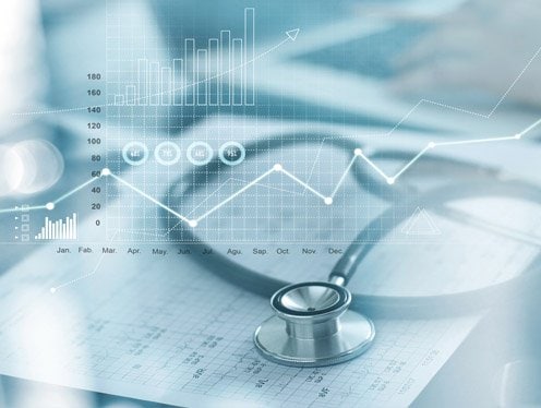 Graphic of a stethescope and data images